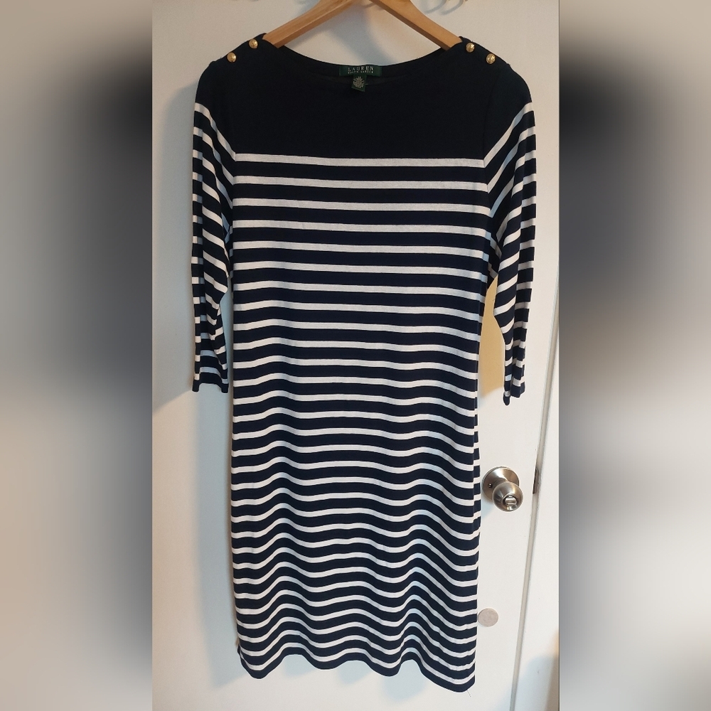 Ralph Lauren Navy & White Striped Boatneck Dress with Gold Buttons